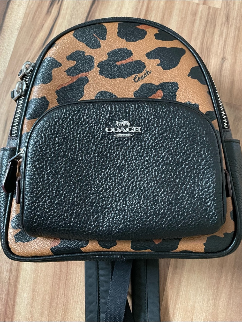 Coach Mini Court Backpack Signature Canvas Leopard Print Black Brown CC757